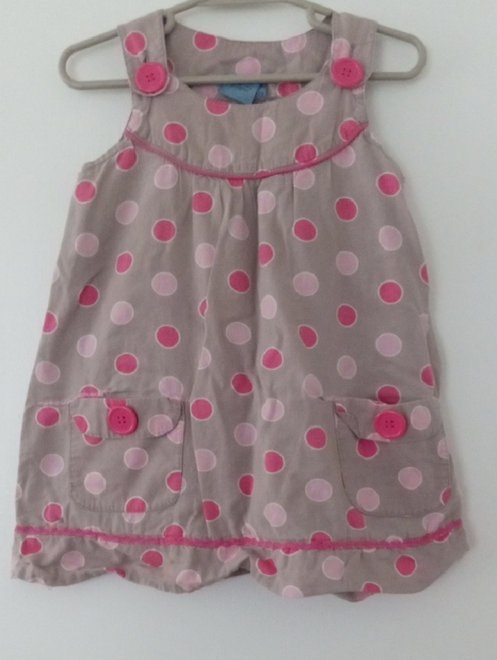 girl 3t tan dress with pink polka dots, sleeveless